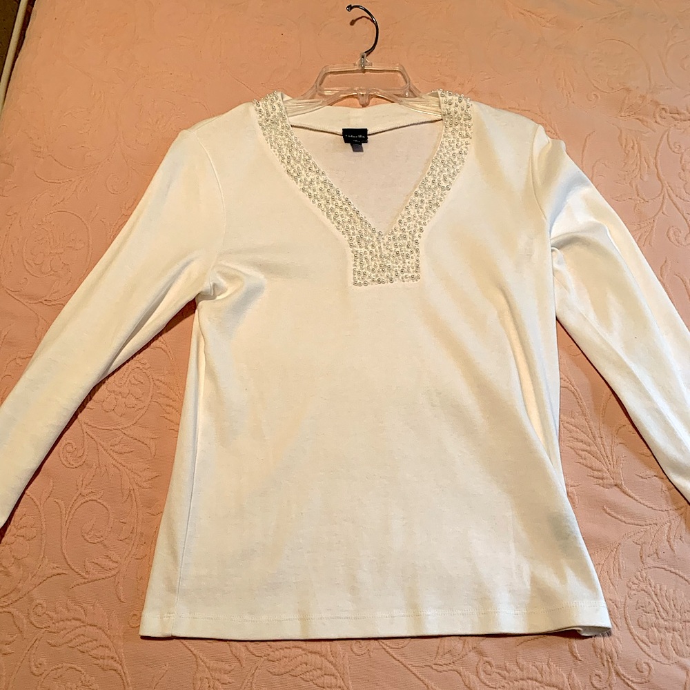 S Cotton White Long Sleeve Blouse with Sparkly Beaded Collar